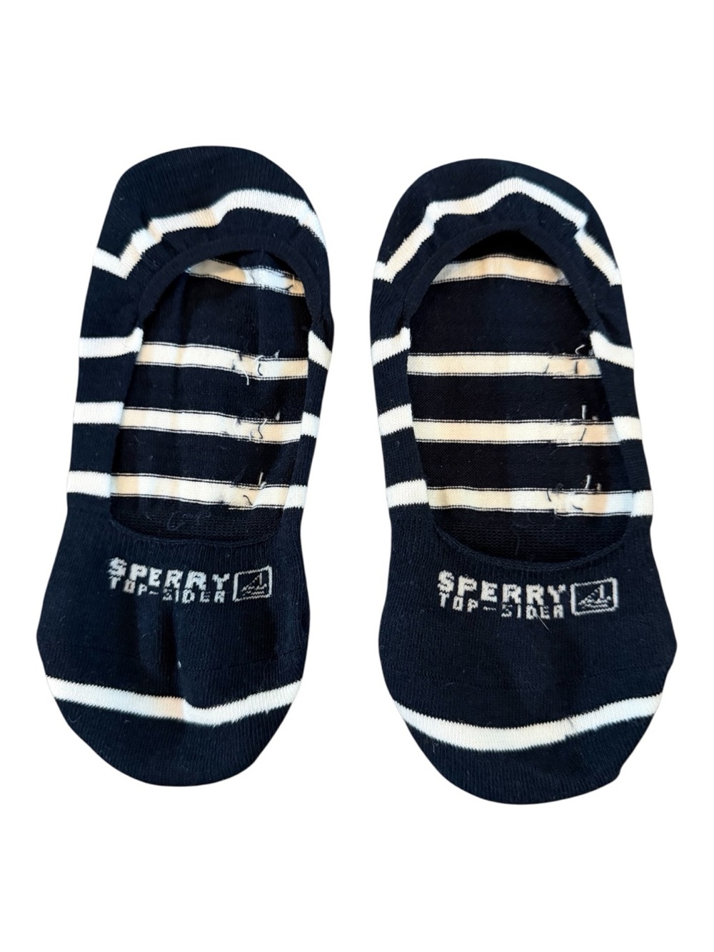 Sperry women’s No-Show Liner Socks in Navy and White Stripes